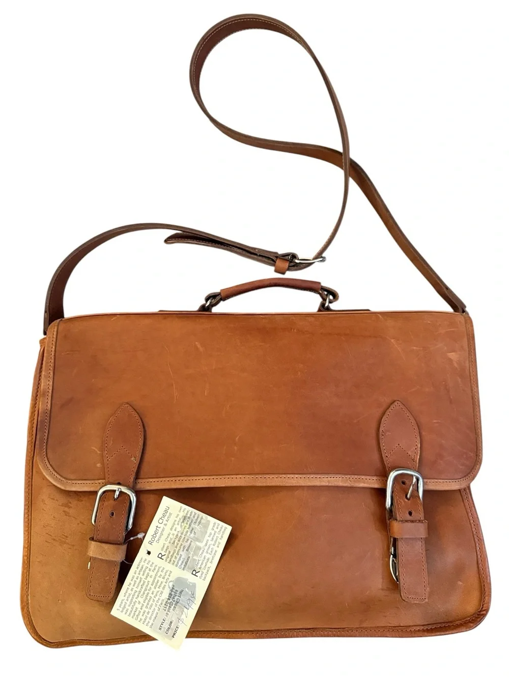 Vintage Robert Cheau Saddle Tan Leather Briefcase Messenger Bag Unused